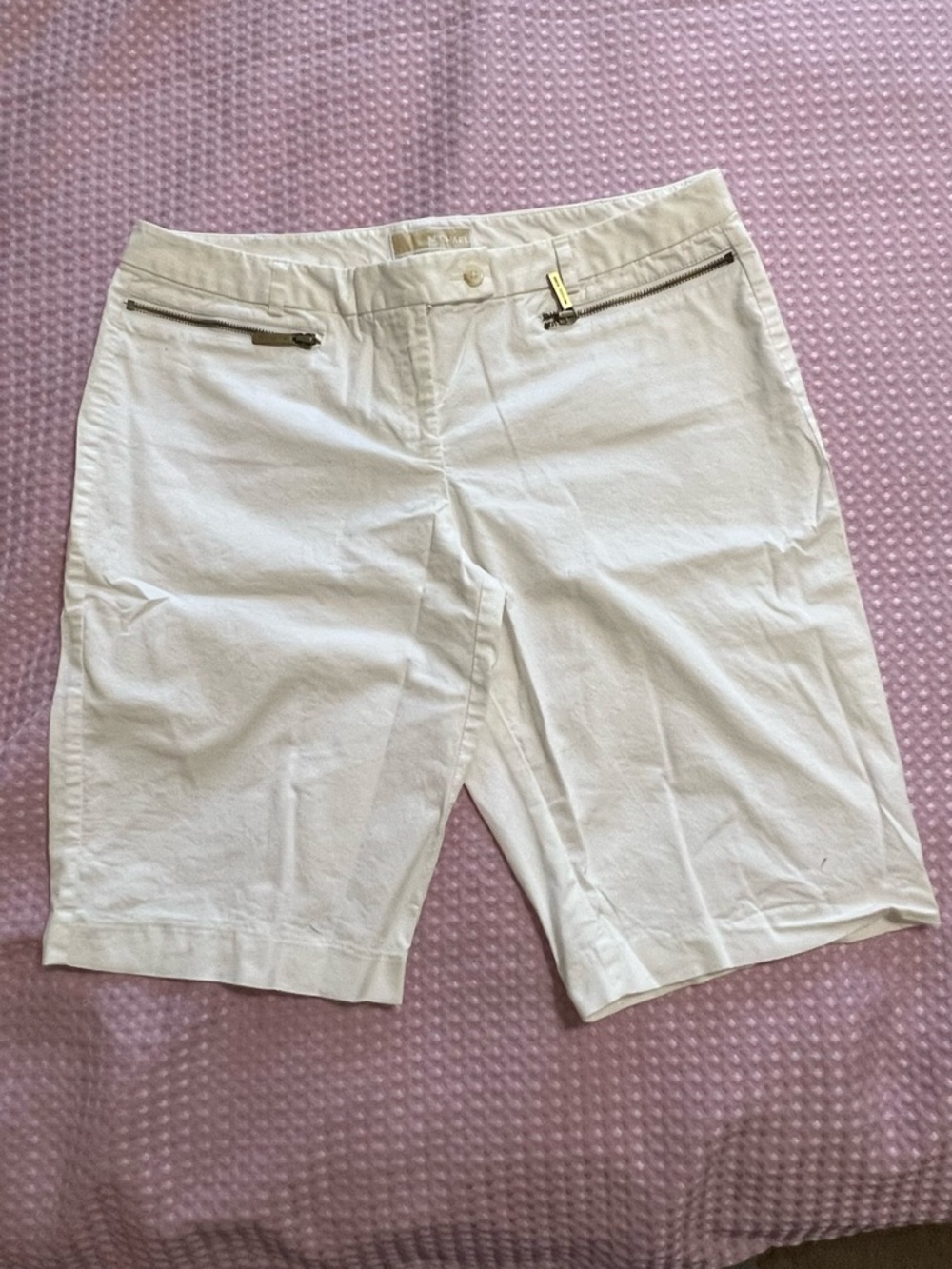 Miss Me White Bermuda Shorts with Metallic Zip Accents